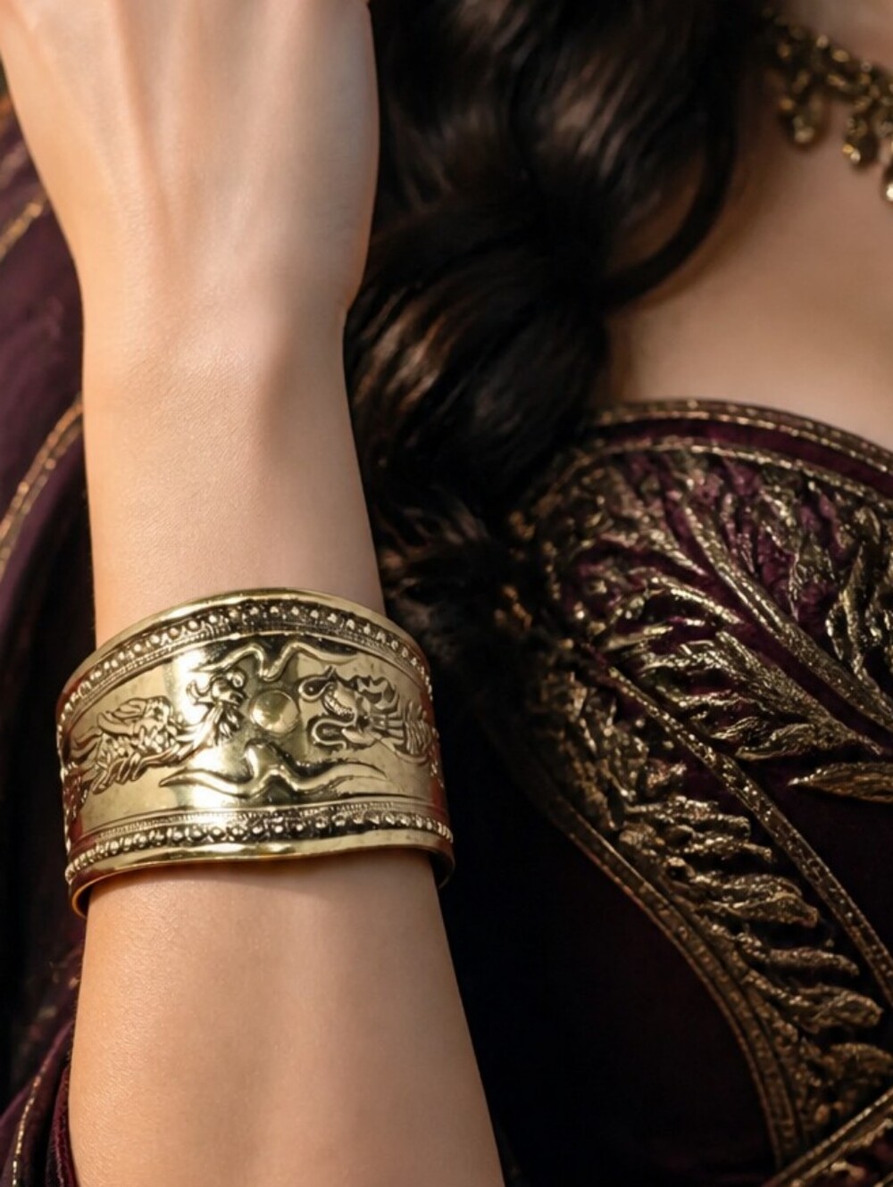 Dragon Phoenix Cuff Bracelet Wide Gold Tone Statement Adjustable Open Bangle